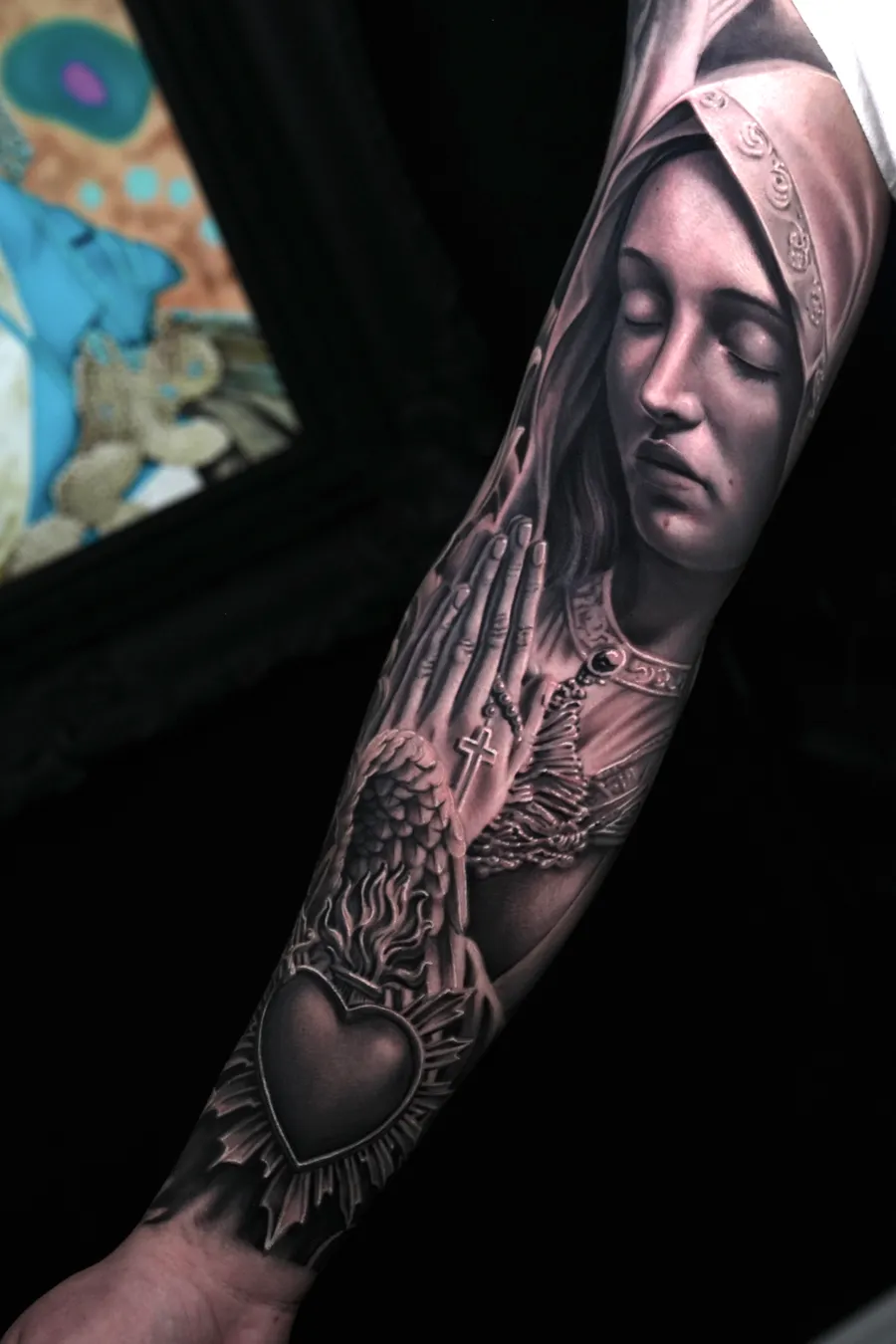 Virgin Mary — Black & Grey Realism tattoo by Amed Cid